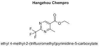ethyl 4-methyl-2-(trifluoromethyl)pyrimidine-5-carboxylateCAS Registry Number: 306960-67-8          C9 H9 F3 N2 O2          5-​Pyrimidinecarboxylic acid, 4-​methyl-​2-​(trifluoromethyl)​-​, ethyl este